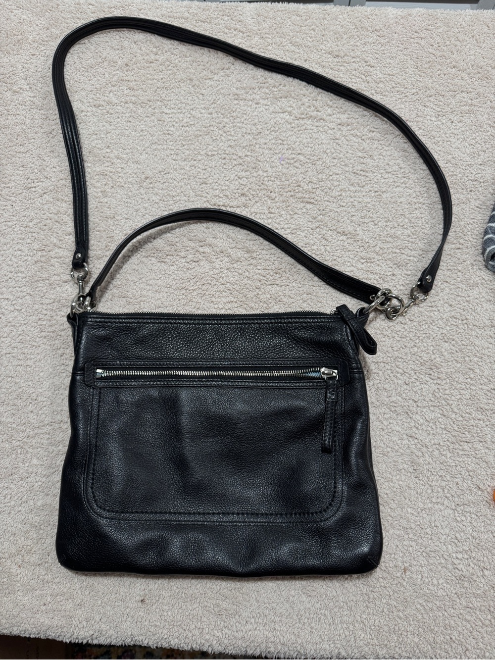 Coach Poopy Black Pebbled Leather Crossbody Bag — Medium 12x11, Both Straps